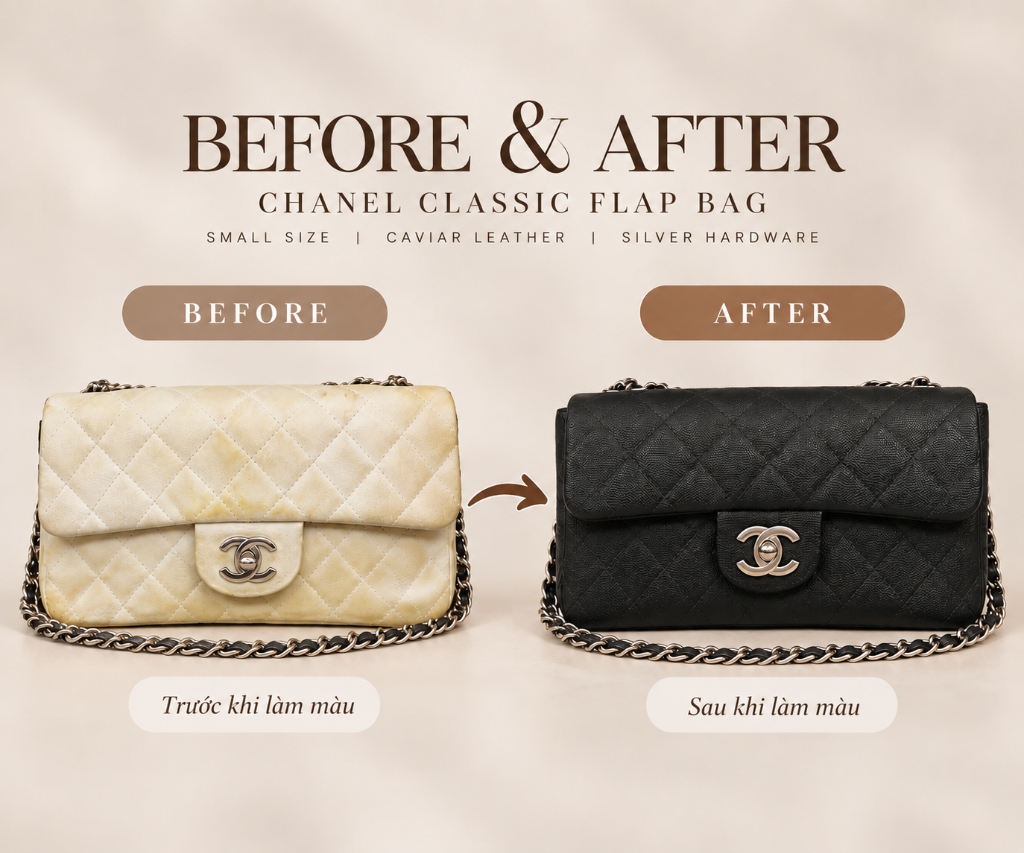 Phục hồi túi Chanel trắng lem mực ố vàng thành đen sang trọng
