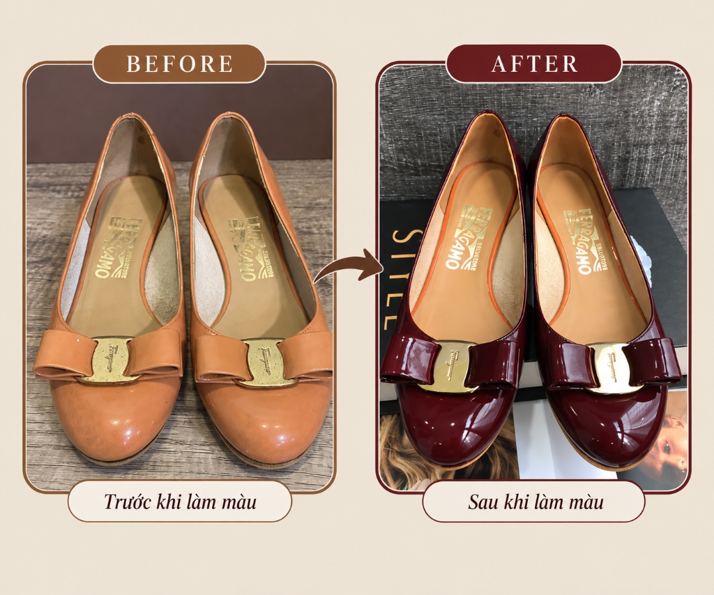 Custom giày Ferragamo bạc màu sang đỏ mận sang trọng